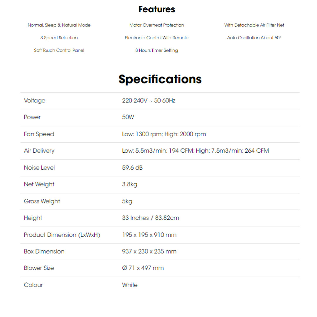 KHIND 50W Tower Fan FD301R | Auto Oscillation | Motor Overheat Protection | With Detachable Air Filter Net | 3 Speed Setting | Tower Fan with 1 Year Warranty