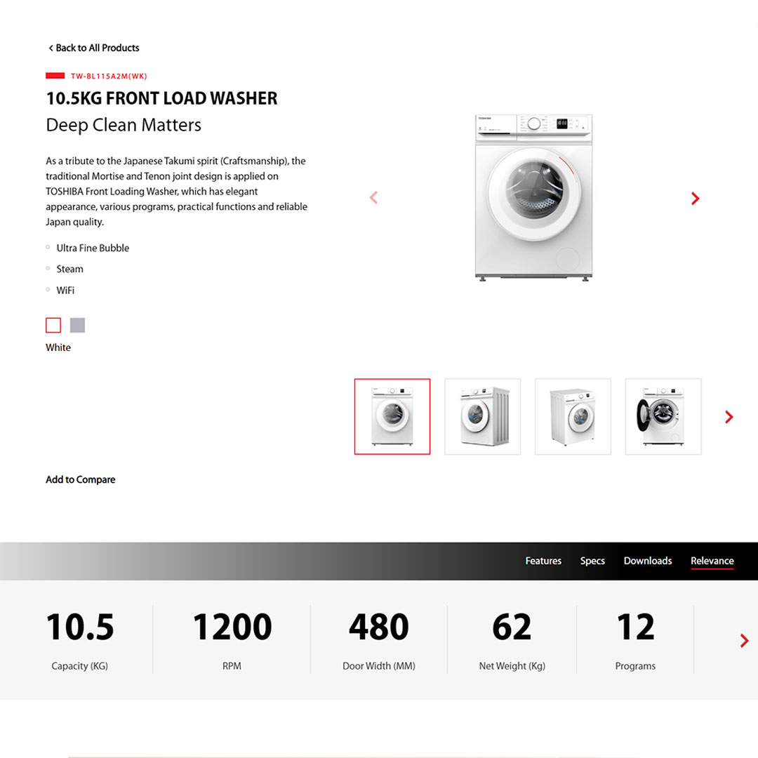TOSHIBA 10.5KG Front Load Inverter Washing Machine TW-BL115A2M(WK) | The Greatwaves | Ultra Fine Bubble | Steam Wash | Drum Clean | IOT TSmartLife App Control | Washing Machine with 2 Year General Warranty & 2 Year Panel Warranty & 10 Year Motor Warranty