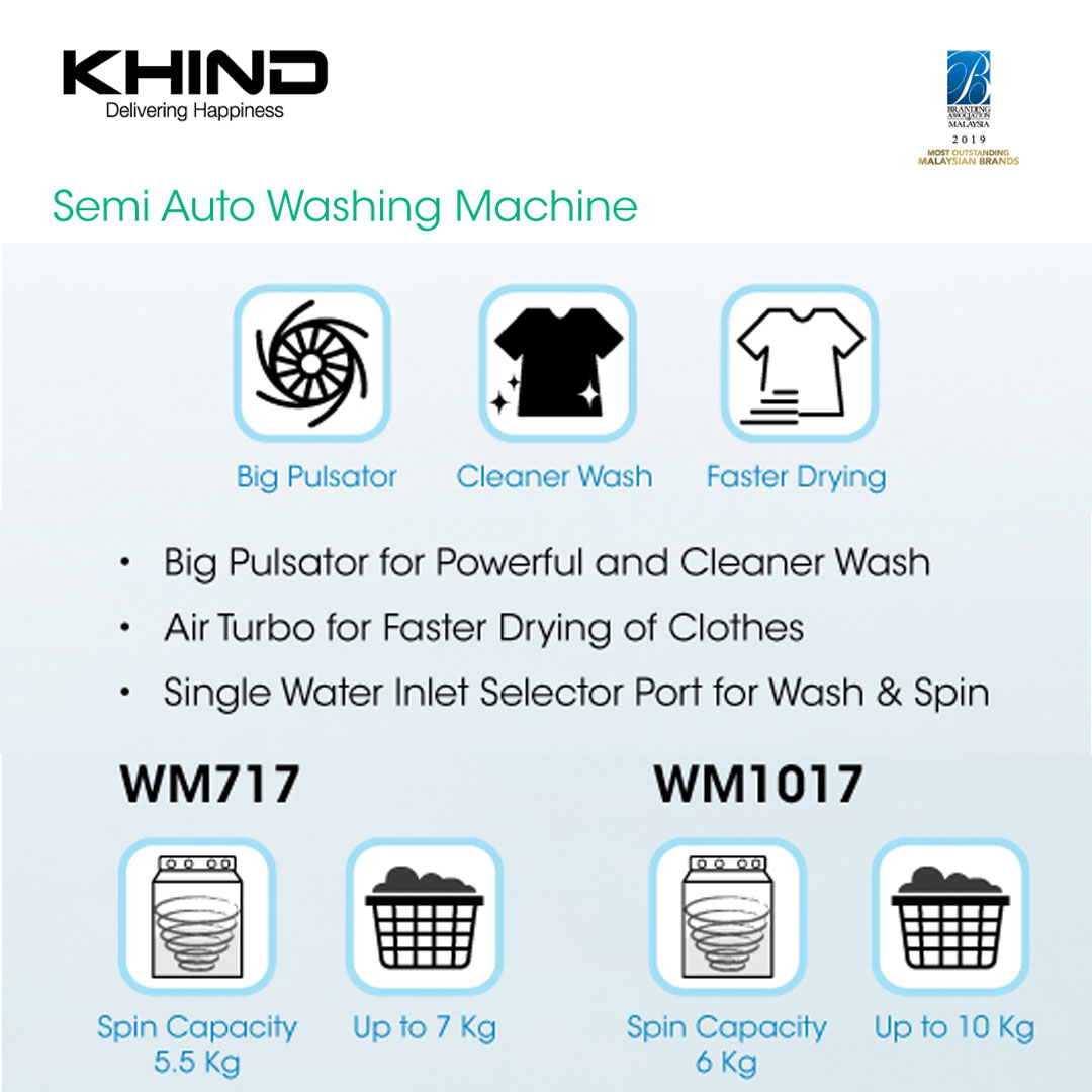 KHIND 10KG Top Load Semi Auto Washing Machine WM1017 | Air Turbo for Faster Drying of Clothes | Single Water Inlet Selector Port for Wash and Spin | Washing Machine with 1 Year General Warranty & 5 Years Motor Warranty