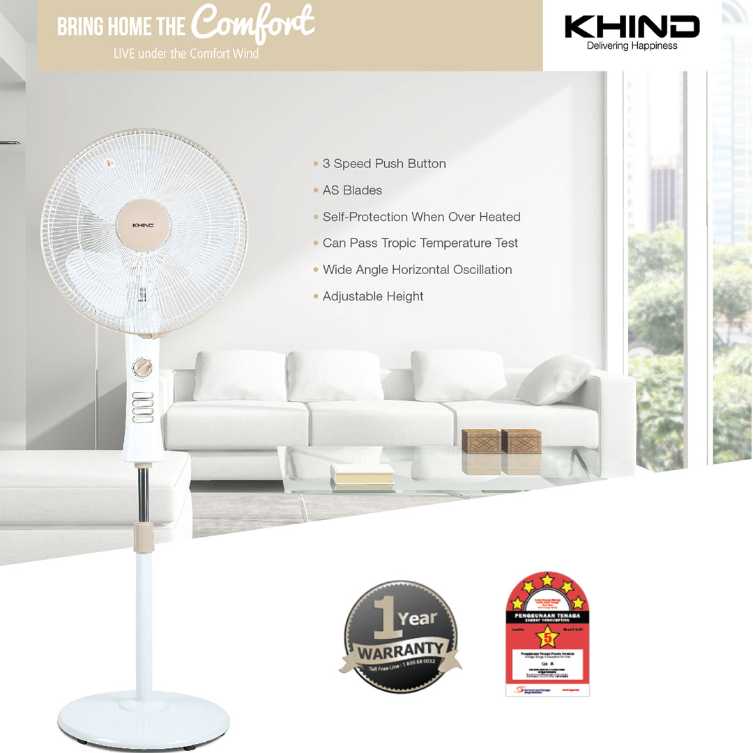 KHIND 16" Stand Fan SF1660T | 3 Speed Selection | 1 Hour Timer | Wide Angle Horizontal Oscillation | Adjustable Height | Stand Fan with 1 Year Warranty