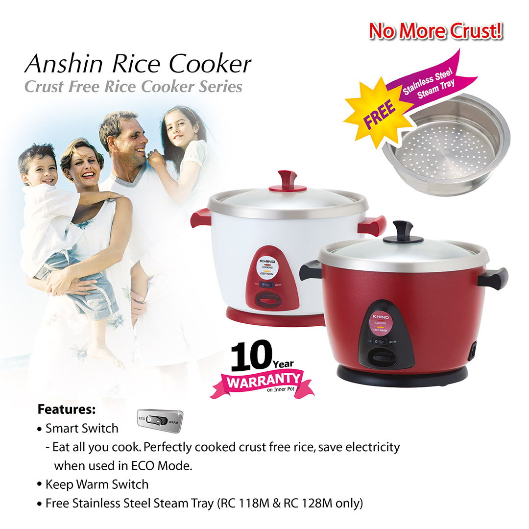 KHIND 2.8L Anshin Rice Cooker RC128M | Free Stainless Steel Steam Tray | Smart Switch | Keep Warm Switch | Rice Cooker with 3 Years Warranty