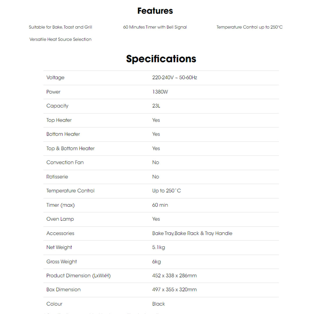 KHIND 23L Electric Oven OT23B | 60 Minutes Timer with Bell Signal | Versatile Heat Source Selection | Temperature Control | Oven with 2 Years Warranty