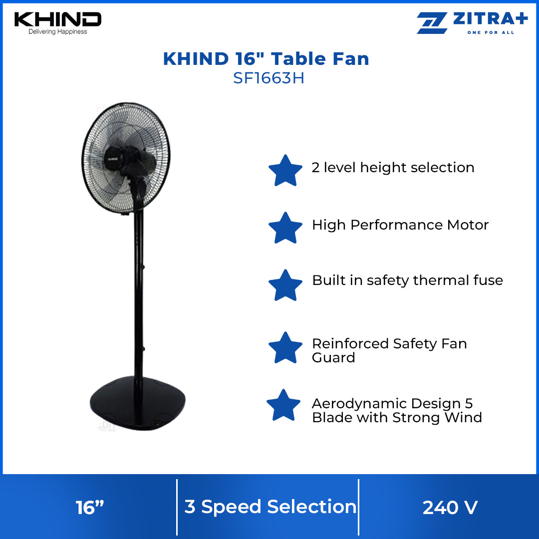 KHIND 16" Stand Fan SF1663H | 5 Blade with Strong Wind | Built-in Safety Thermal Fuse | 3 Speed Selection | High Performance Motor | Stand Fan with 1 Year General Warranty & 3 Years Motor Warranty