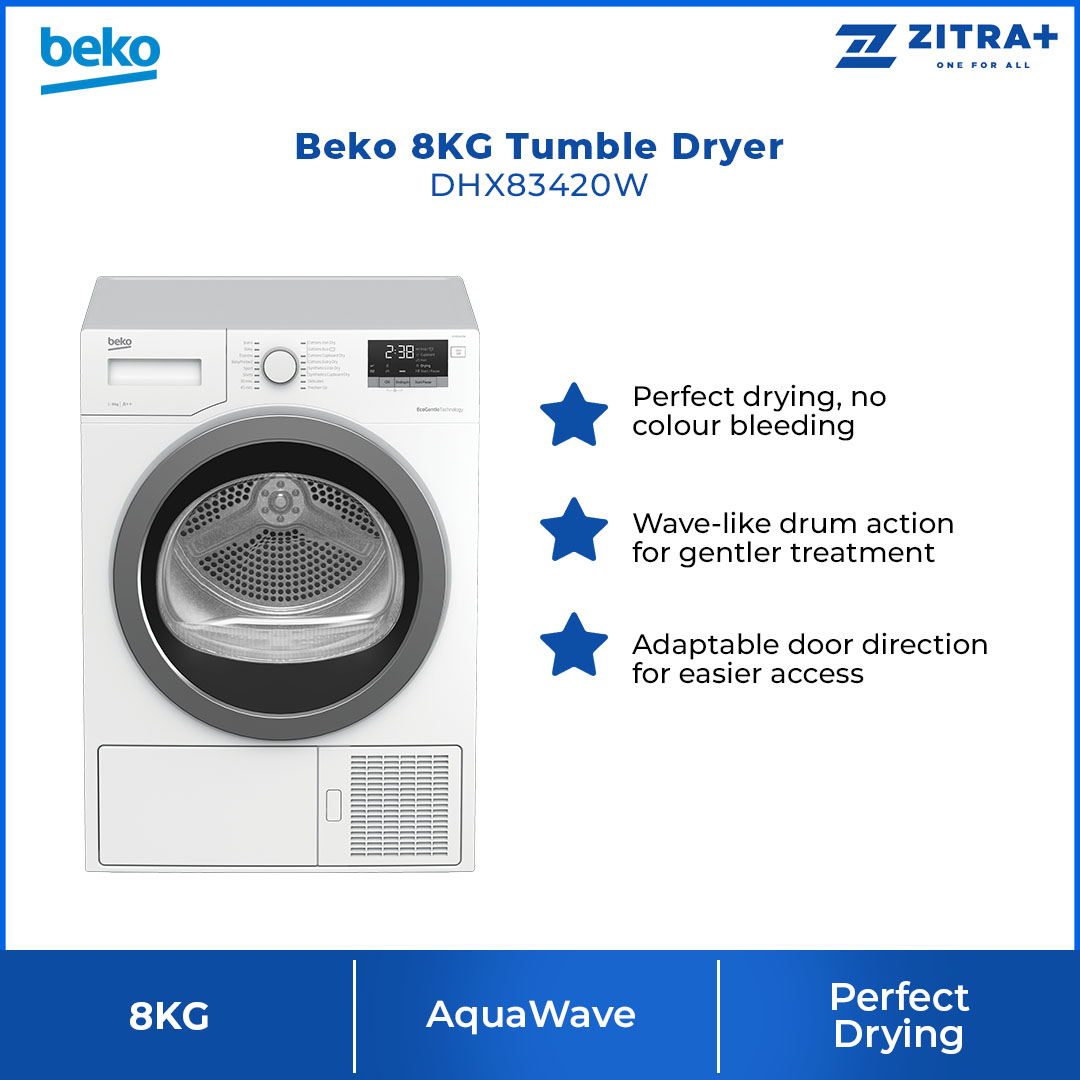 Beko 8KG Tumble Dryer DHX83420W | Child Lock | Digital Display | OptiSense | Reverse Drum Action | AquaWave | Tumble Dryer with 2 Year Warranty