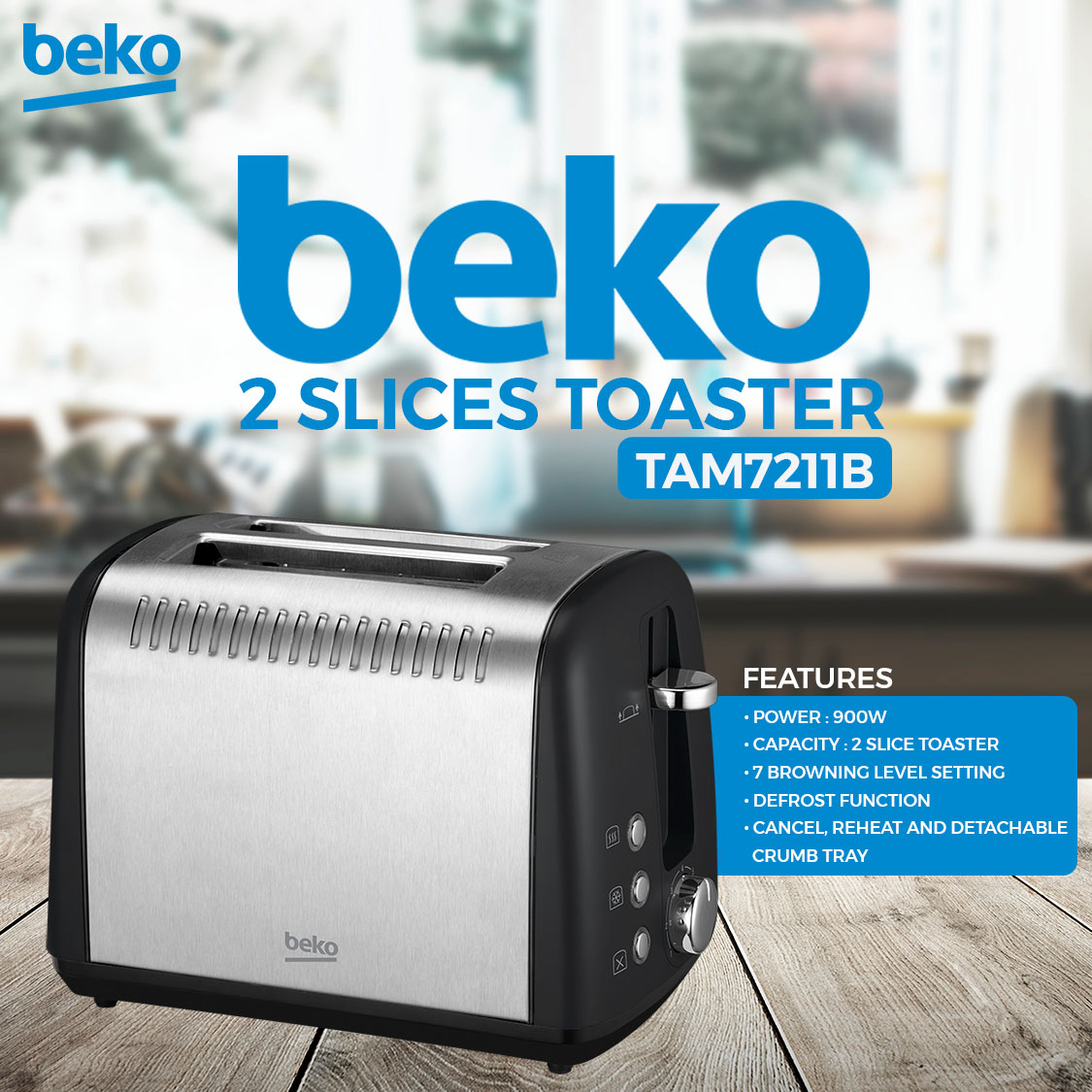 Beko 2 Slices Toaster TAM7211B | Power 900 W | Capacity 2 Toaster | 7 Browning Levels | Defrost Function | Cancel & Reheat & Detachable Crumb Tray | Toaster with 2 Year General Warranty