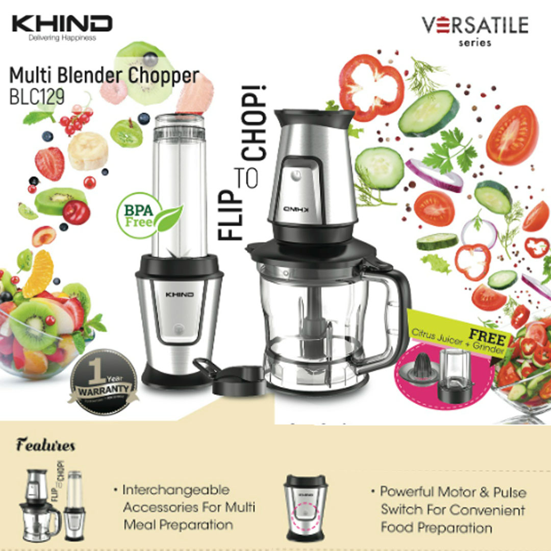 KHIND 1.2L Multi Blender Chopper BLC129 | FREE Citrus Juicer + Grinder | BPA Free | Rust Free SUS304 Stainless Steel Double Blades | Multi Blender Chopper with 1 Year Warranty