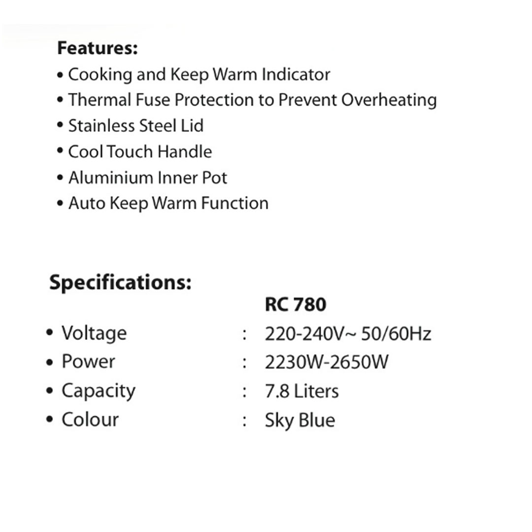 KHIND 7.8L Rice Cooker RC780 | Thermal Fuse Protection to Prevent Overheating | Aluminium Inner Pot | Auto Keep Warm Function | Rice Cooker with 1 Year Warranty