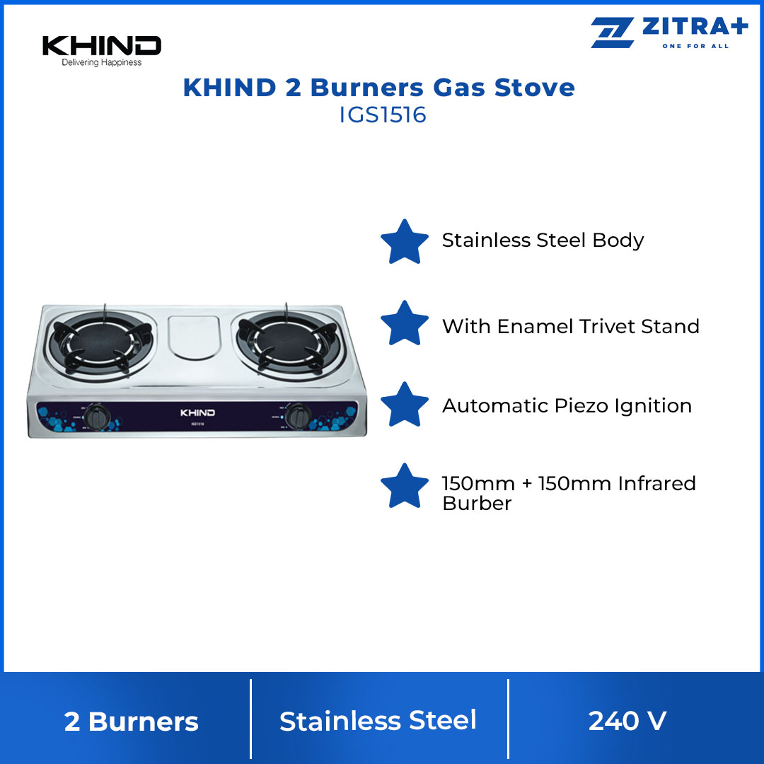 KHIND 2 Burners Infrared Gas Stove Stainless Steel IGS1516 | 150mm + 150mm Infrared Burner | With Enamel Trivet Stand | Automatic Piezo Ignition | Gas Stove with 1 Year General Warranty & 3 Years Burner Head Warranty