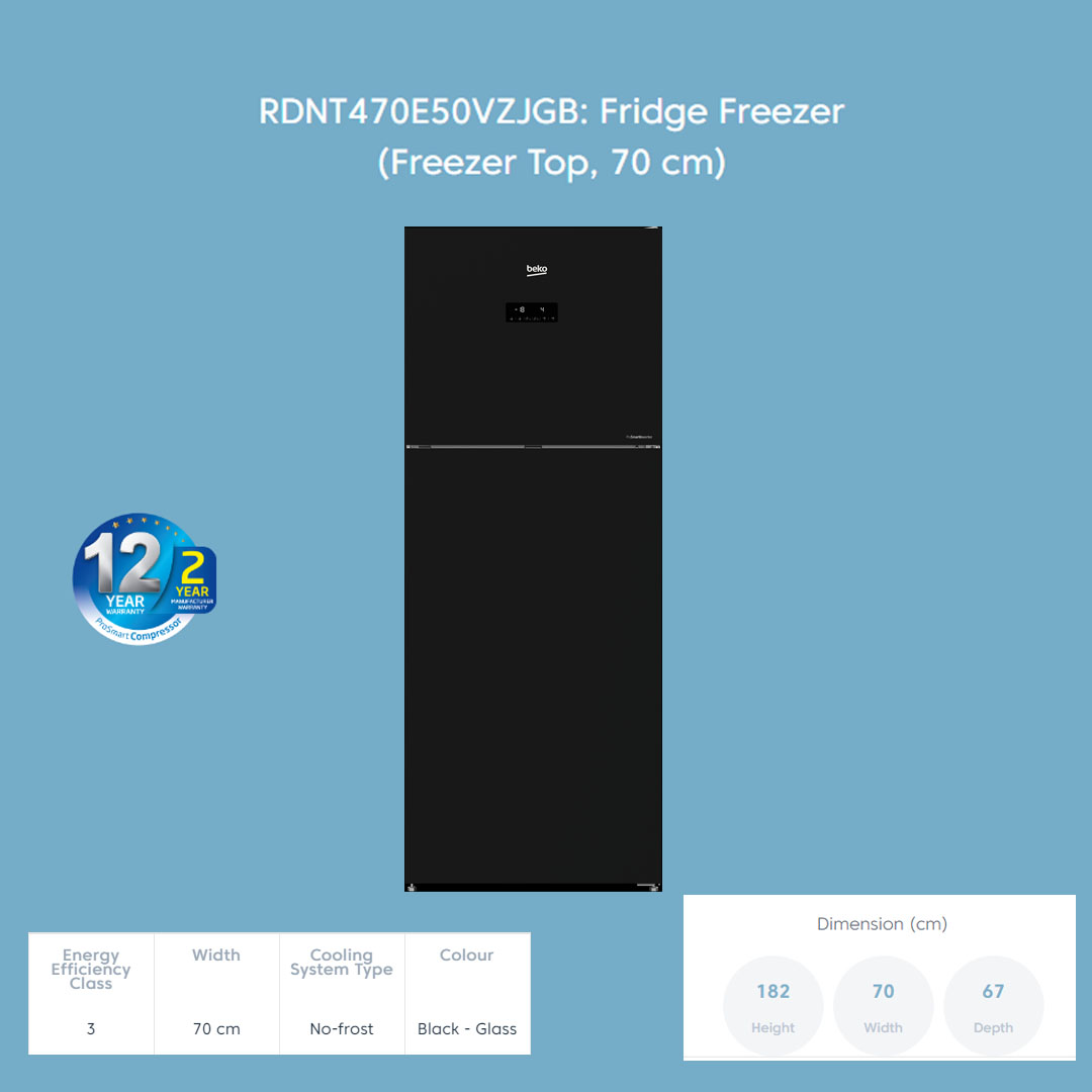 Beko 470L 2 Door Top Mount ProSmart Inverter Refrigerator RDNT470E50VZJGB | NeoFrost Dual Cooling | ProSmart Inverter Compressor | Active Odour Filter | Refrigerator with 2 Years General Warranty & 12 Years Motor Warranty