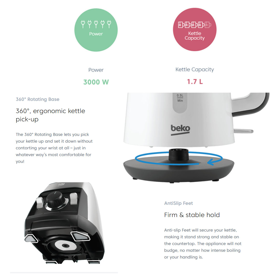 Beko 1.7L Kettle WKM7307B | Dry-boil Protection | Stainless Steel Kettle | 360° Rotary Base | Motor Power : 3000W | Kettle with 2 Years Warranty