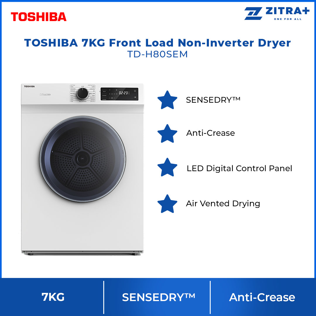 TOSHIBA 7KG Vented SENSEDRY Tumble Dryer TD-H80SEM | Anti-Crease | LED Digital Control Panel | Dryer with 2 Year Warranty