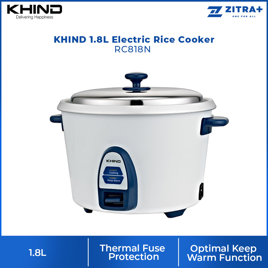 KHIND 1.8L Rice Cooker RC818N | Optimal Keep Warm Function | Thermal Fuse Protection to Prevent Overheating | Stainless Steel Cover | Rice Cooker with 2 Year Warranty