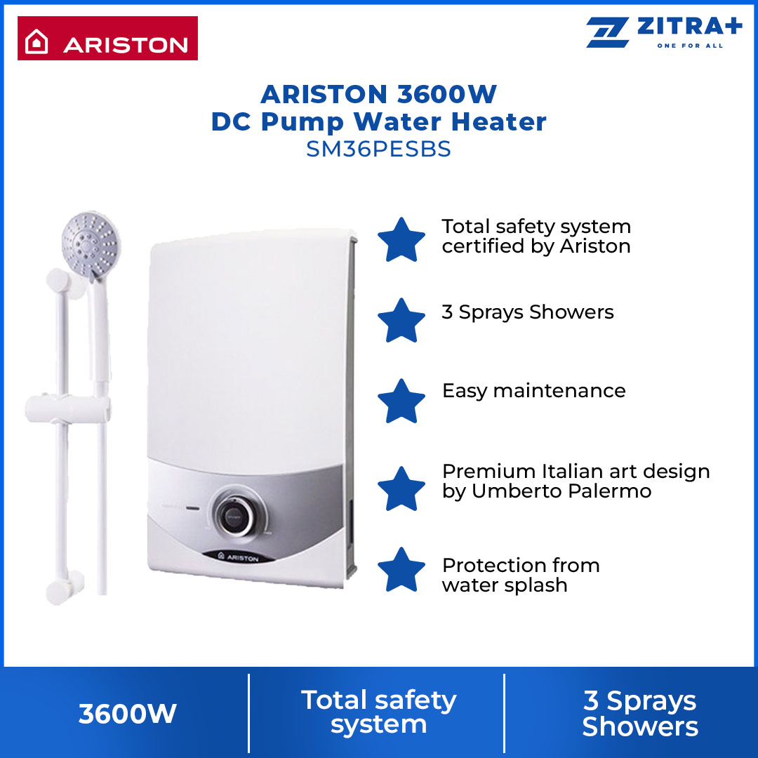 ARISTON 3600W DC Pump Electric Instant Water Heater SM36PESBS | 3 Sprays Shower | Protection From Water Splash | Double Pole ELCB | Water Heater with 1 Year General Warranty & 5 Years Heating Element Warranty