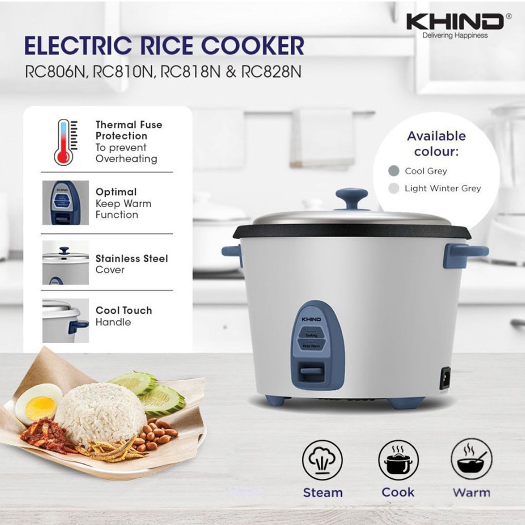 KHIND 1.8L Rice Cooker RC818N | Optimal Keep Warm Function | Thermal Fuse Protection to Prevent Overheating | Stainless Steel Cover | Rice Cooker with 2 Year Warranty