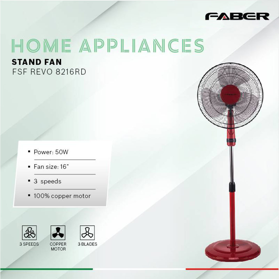 FABER 16" Stand Fan FSF REVO 8416BK / FSF REVO 8216RD / FSF REVO 8116GR | 3 Star Energy Rating | 3 Speed | 100% Copper Motor | 1265rpm Fan Speed | Stand Fan with 1 Year General Warranty & 2 Years Motor Warranty