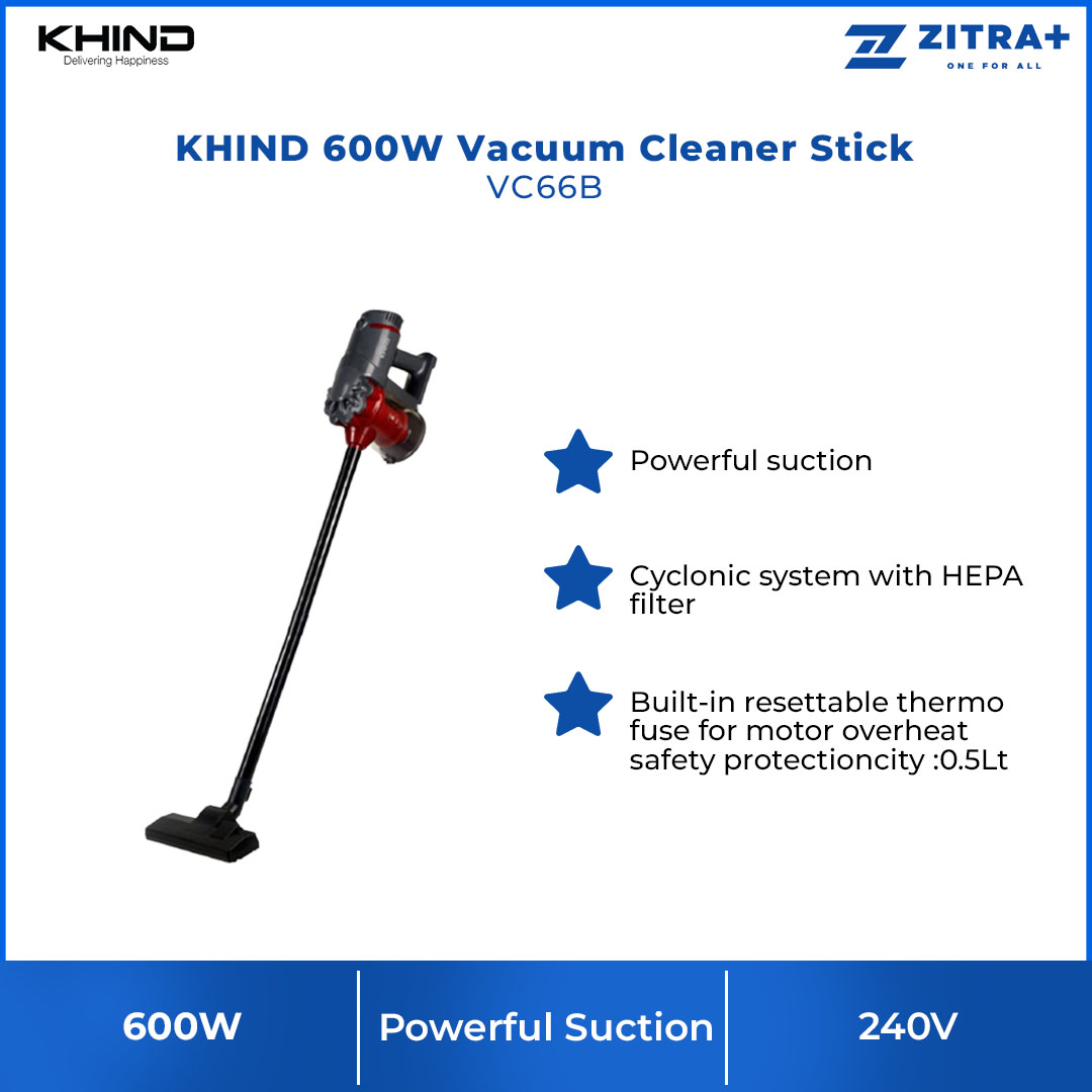 KHIND 600W Stick Vacuum Cleaner VC66B | Cyclonic system with HEPA filter | Powerful Suction | Motor Overheat Safety Protection | Vacuum Cleaner with 1 Year Warranty