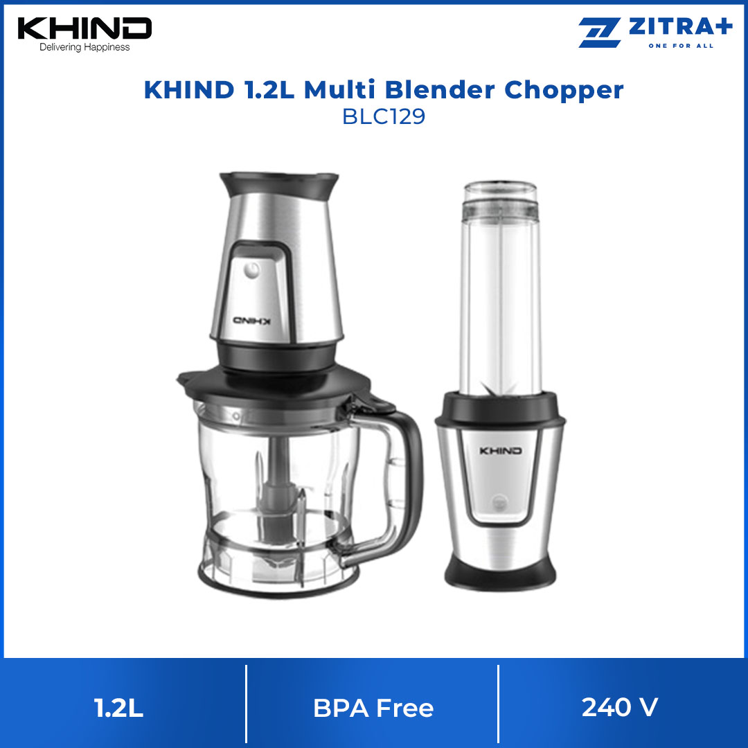 KHIND 1.2L Multi Blender Chopper BLC129 | FREE Citrus Juicer + Grinder | BPA Free | Rust Free SUS304 Stainless Steel Double Blades | Multi Blender Chopper with 1 Year Warranty