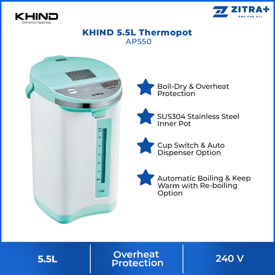 KHIND 5.5L Thermopot AP550 | SUS304 Stainless Steel Inner Pot | Automatic Boiling & Keep Warm with Reboiling Option | Boil-Dry & Overheat Protection | Thermo Pot with 1 Year Warranty