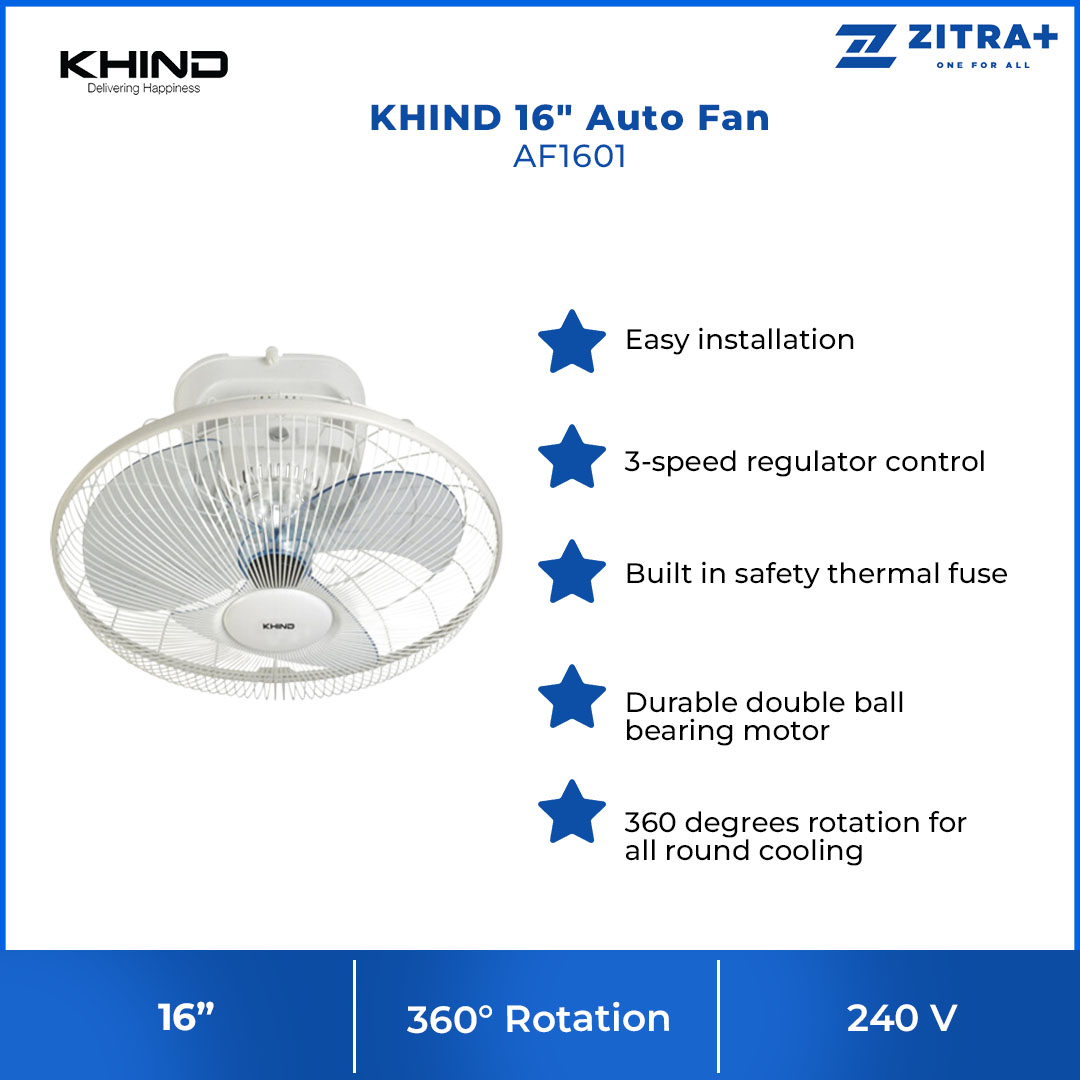 KHIND 16" Auto Fan AF1601 | 3 Speed Regulator Control | Durable Ball Bearing Motor | Built-in Safety Thermal Fuse | Fan with 1 Year General Warranty & 3 Years Motor Warranty