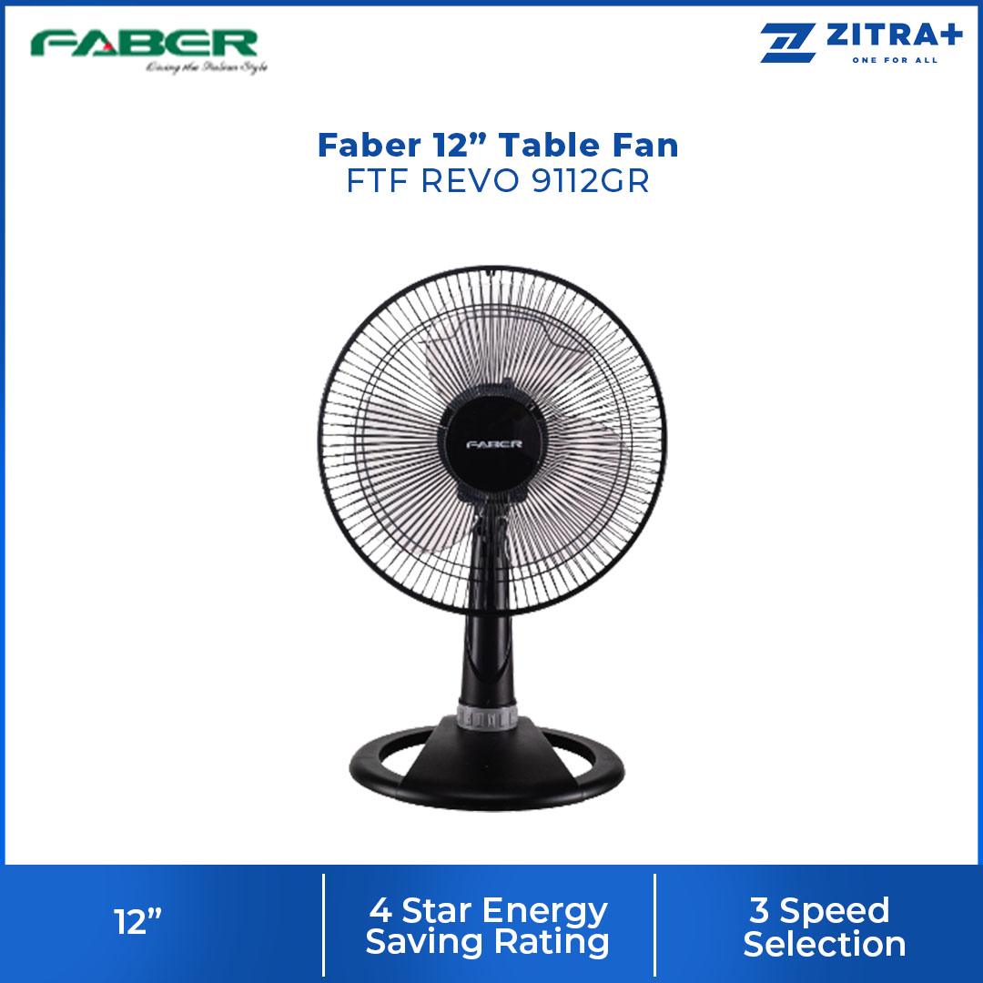 FABER 12" Table Fan FTF REVO 9112GR / FTF REVO 9012BU | 3 Speed | 100% Copper Motor | 4 Star Energy Rating | 51.5dB Noise Level | Table Fan with 1 Year General Warranty & 2 Years Motor Warranty