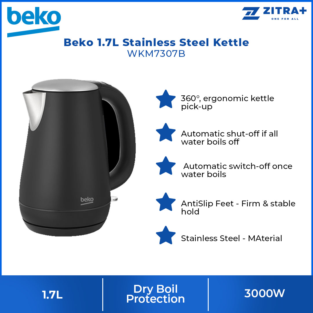 Beko 1.7L Kettle WKM7307B | Dry-boil Protection | Stainless Steel Kettle | 360° Rotary Base | Motor Power : 3000W | Kettle with 2 Years Warranty