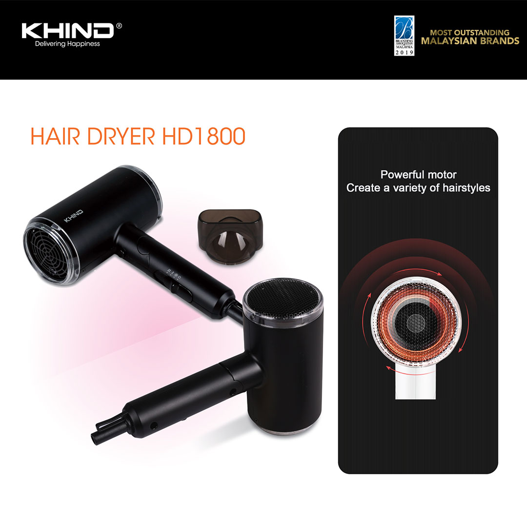 KHIND 1800W Hair Dryer HD1800 | 3 Heat / Speed Settings & Cold Shot Button | Narrow Concentrator Nozzle for Smooth Focused Airflow | Space Saving Folding Handle | Hair Dryer with 1 Year Warranty