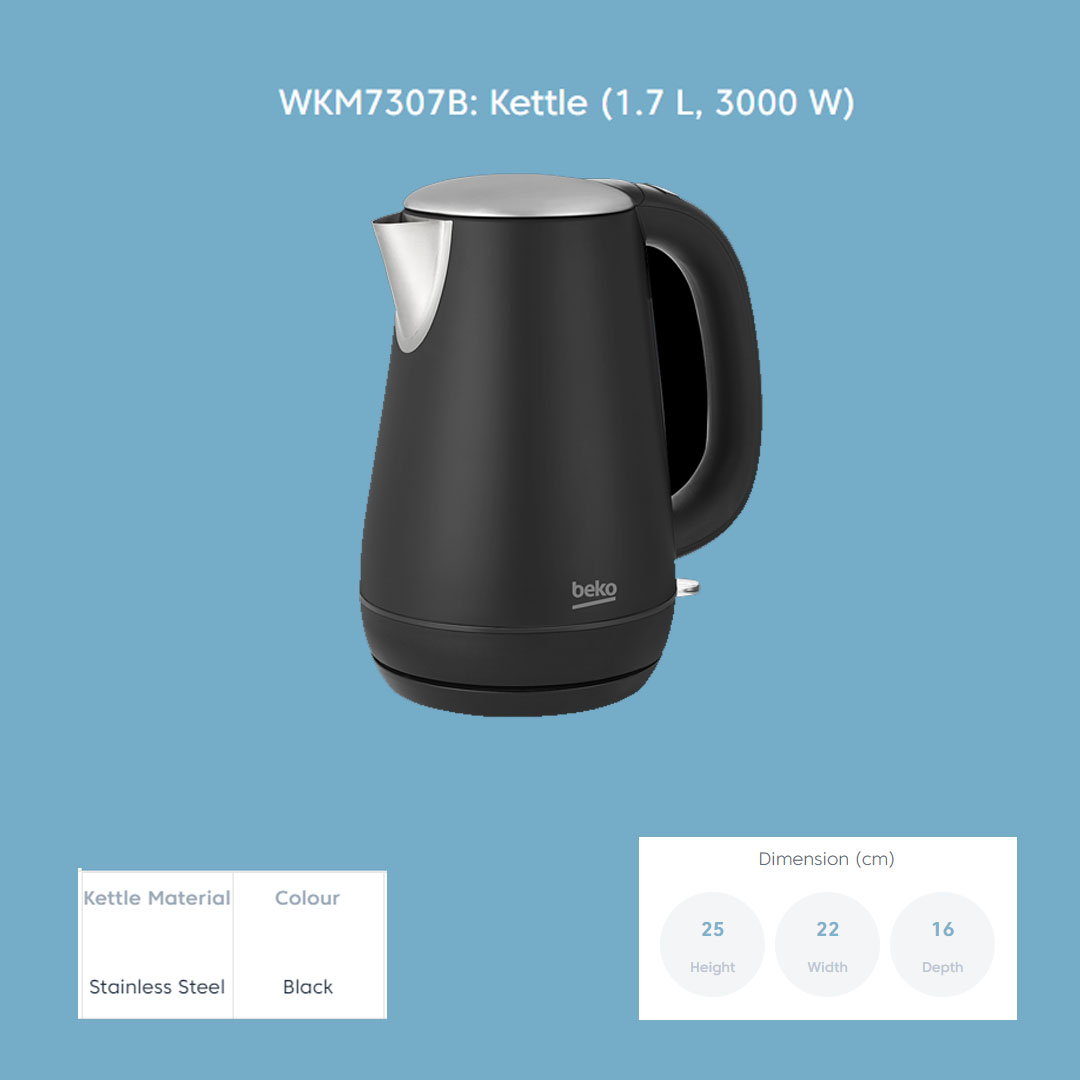 Beko 1.7L Kettle WKM7307B | Dry-boil Protection | Stainless Steel Kettle | 360° Rotary Base | Motor Power : 3000W | Kettle with 2 Years Warranty