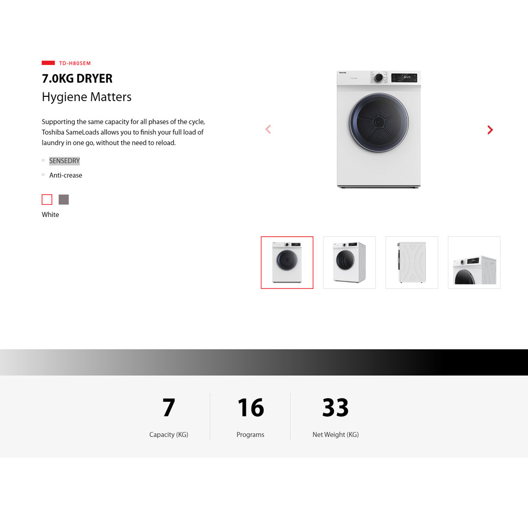 TOSHIBA 7KG Vented SENSEDRY Tumble Dryer TD-H80SEM | Anti-Crease | LED Digital Control Panel | Dryer with 2 Year Warranty