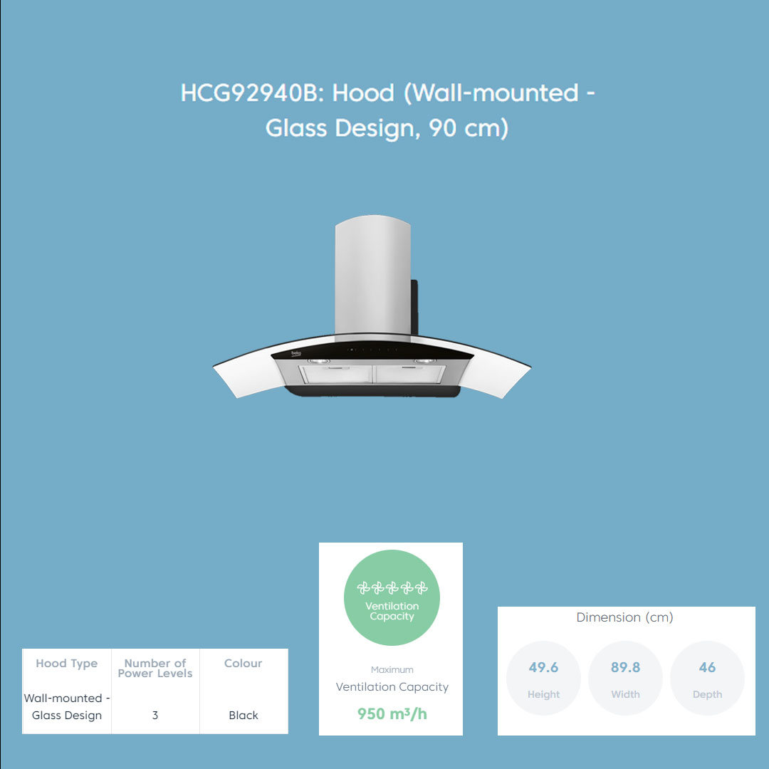 Beko 950m³/h Wall-mounted Designer Hood HCG92940B | 3 Levels of Power Selection | Touch control | Metal Casette Filter | Auto Shut-off | Dishwasher-safe Filters | Hood with 2 Years General Warranty & 12 Years Motor Warranty