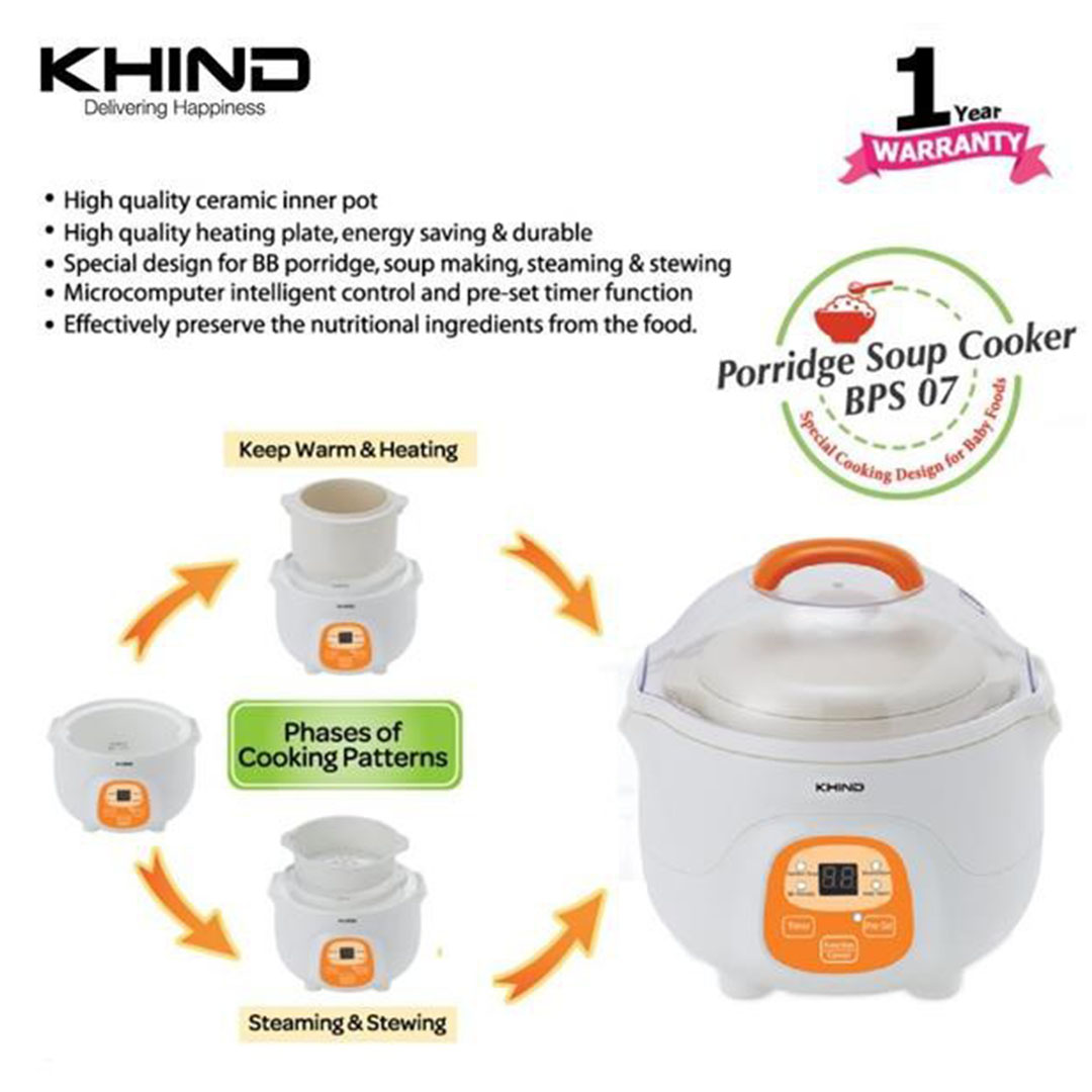 KHIND 0.7L Porridge Soup Cooker BPS07 | High Quality Ceramic Inner Pot | Microcomputer Intelligent Control and Pre-set Timer Function | Porridge Cooker with 1 Year Warranty