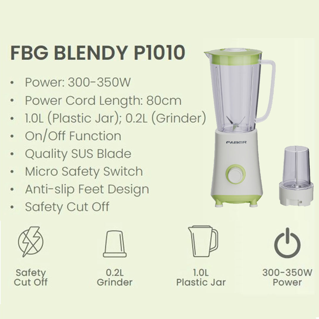 FABER 1L Blender FBG BLENDY P1010 | 1.0L Plastic Jar & 0.2L Grinder | Micro Safety Switch | Anti-Slip Feet Design | Blender with 1 Year Warranty