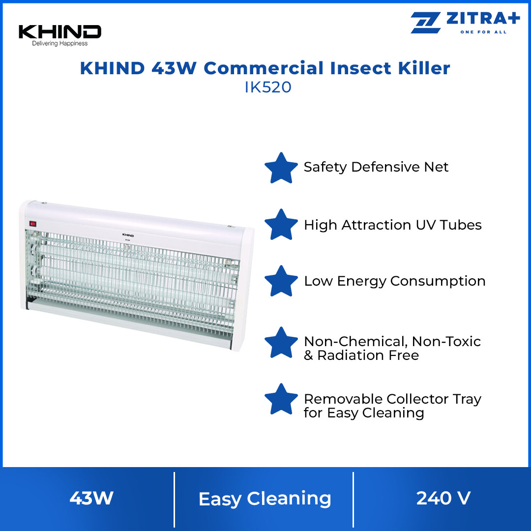 KHIND 43W Commercial Insect Killer IK520 | Non Chemical, Non Toxic & Radiation Free | High Attraction UV Tubes | Low Energy Consumption | Insect Killer with 2 Years Warranty