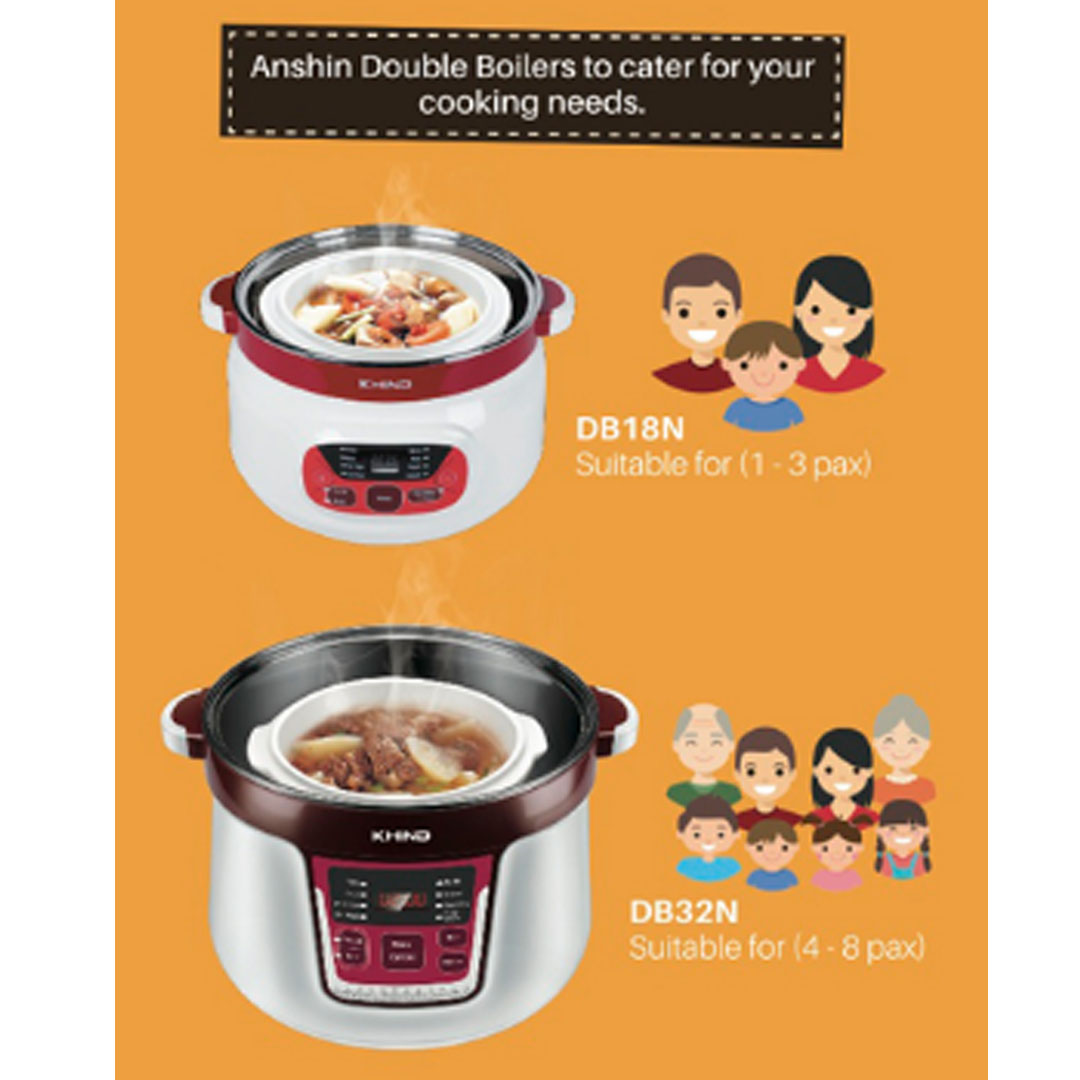 KHIND 3.2L Double Boiler DB32N | 2 in 1 Function - Double Boiling & Soup Cooking | With Boil Dry Protection | Free Recipe Book | Double Boiler with 2 Years Warranty