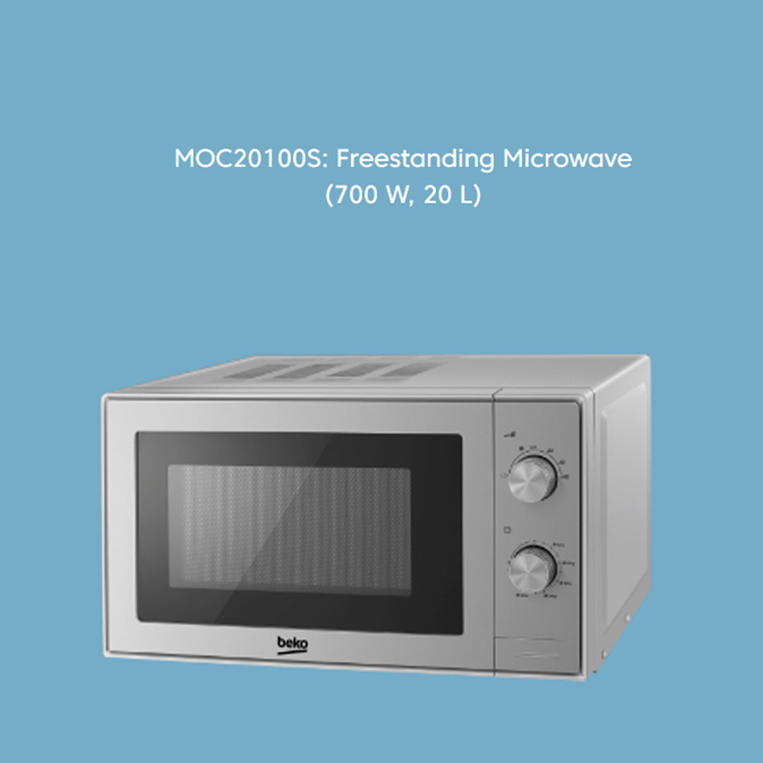 Beko 20L Freestanding Microwave Oven MOC20100S | 5 Adjustable Power Levels | 245 mm Turntable Size | Mechanical Timer | Push Button Opening | Microwave Oven with 2 Years Warranty