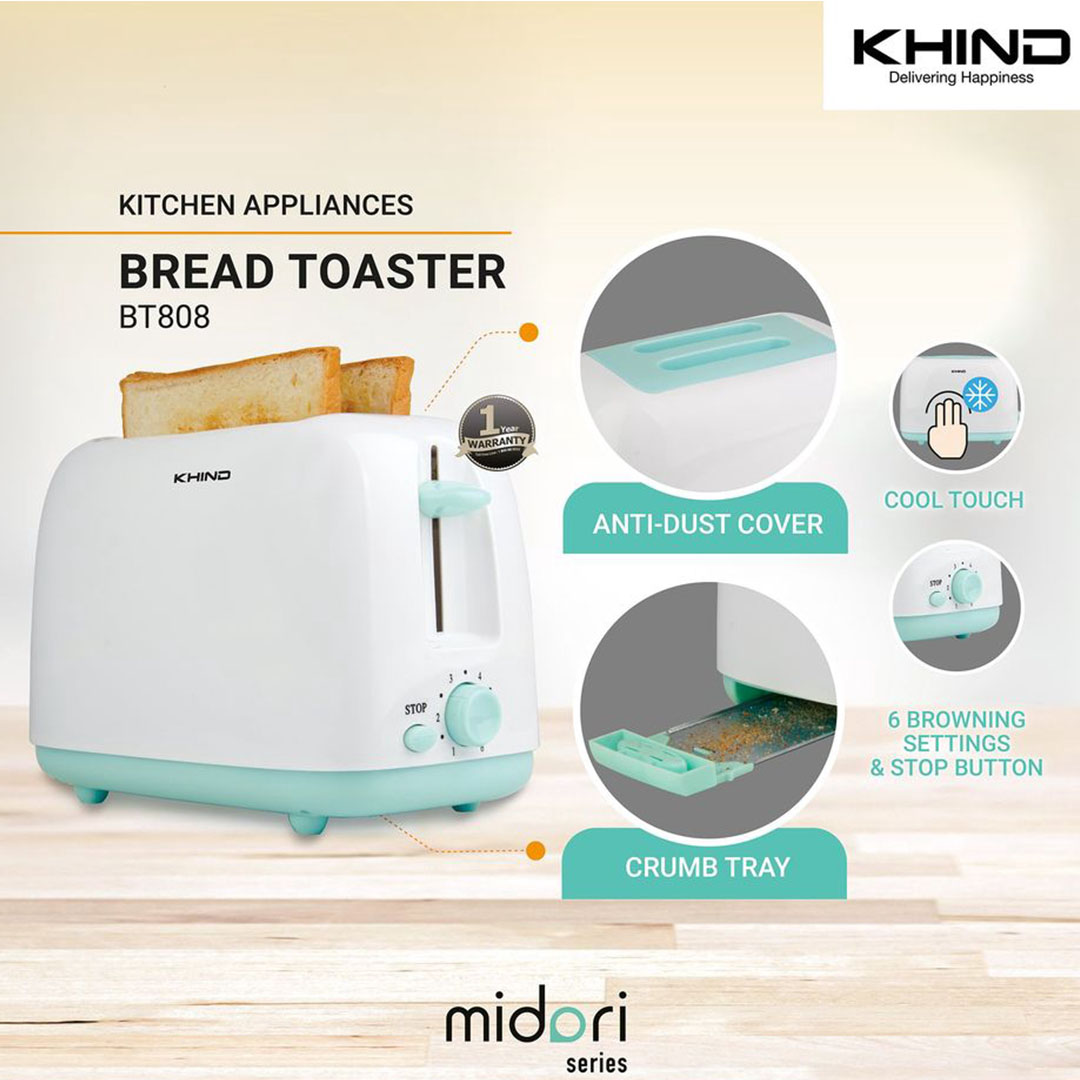 KHIND 2 Slices Bread Toaster with Anti-Dust Cover BT808 | Cool Touch - Anti-Scalding Protection | 6 Browning Settings & Stop Button | With Crumb Tray | Bread Toaster with 1 Year Warranty