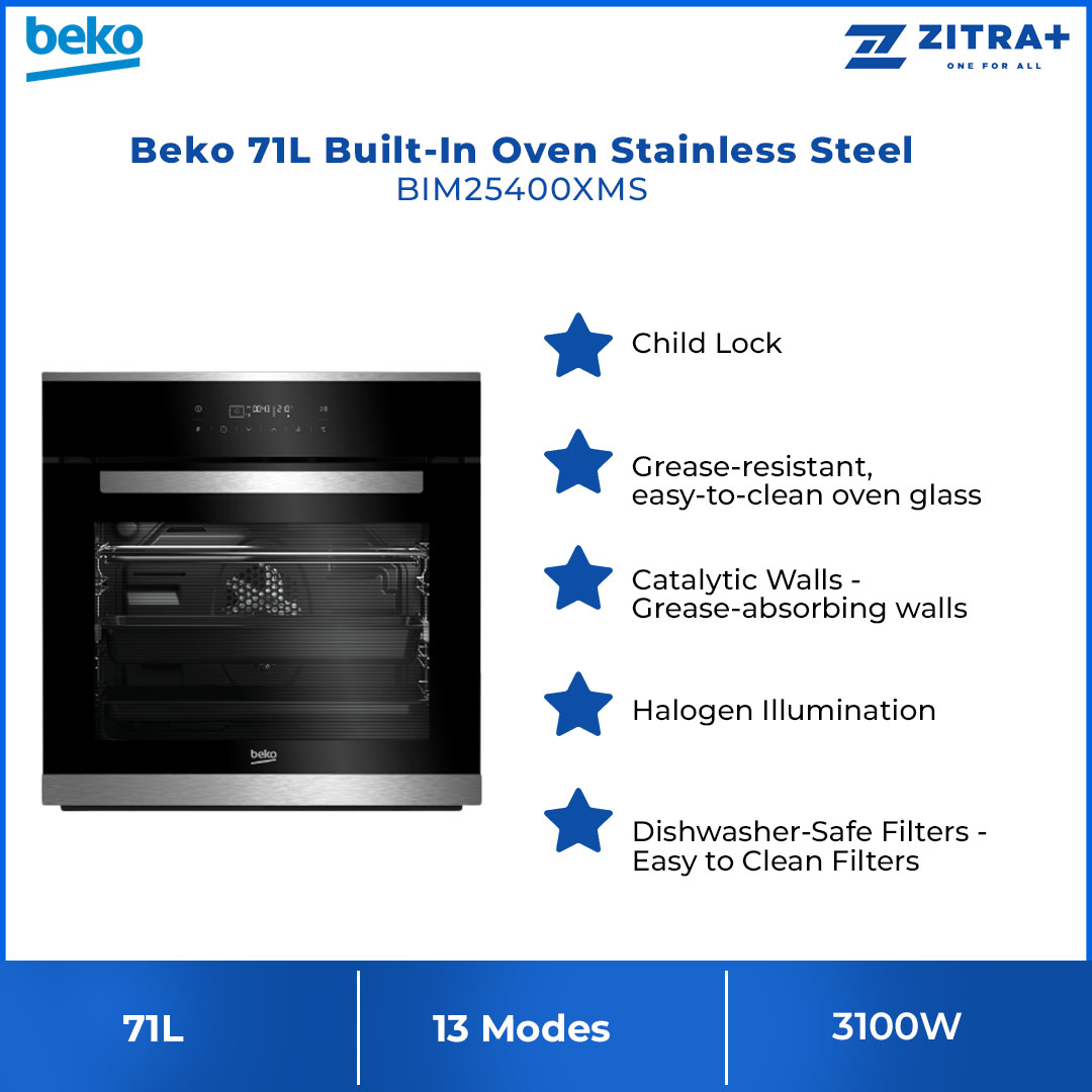 Beko 71L Built-In Oven BIM25400XMS | 13 Programs Selection | Easy-to-Clean Oven Glass | Catalytic Walls | Halogen Illumination | SoftDoor | Steam-Cleaning | Telescopic Shelves | Oven with 2 Years General Warranty & 12 Years Motor Warranty