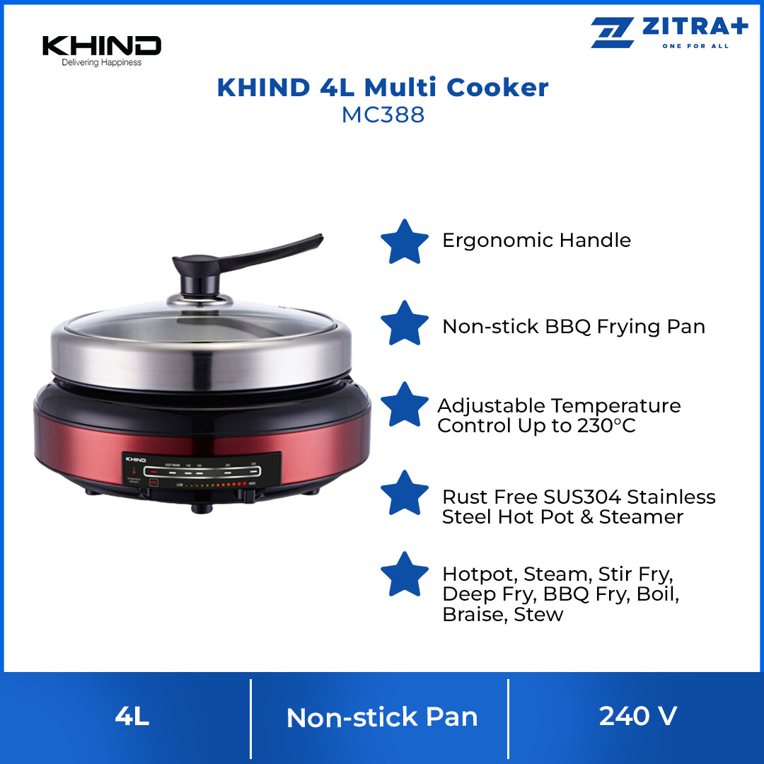 KHIND 1500W Multi Cooker MC388 | Rust Free SUS304 Stainless Steel Hot Pot & Steamer | Non-stick BBQ Frying Pan | Adjustable Temperature | Multi Cooker with 1 Year Warranty