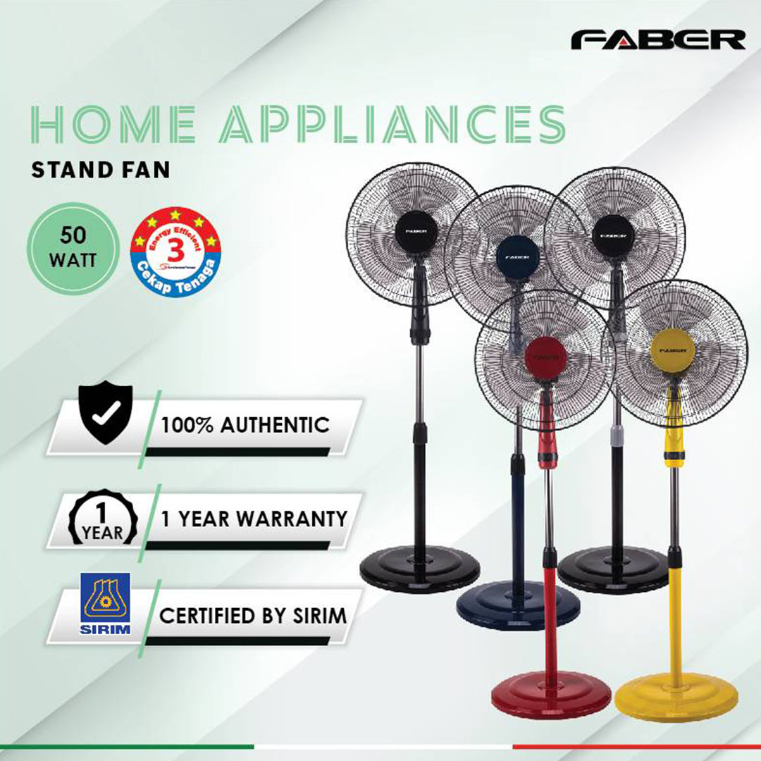 FABER 16" Stand Fan FSF REVO 8416BK / FSF REVO 8216RD / FSF REVO 8116GR | 3 Star Energy Rating | 3 Speed | 100% Copper Motor | 1265rpm Fan Speed | Stand Fan with 1 Year General Warranty & 2 Years Motor Warranty