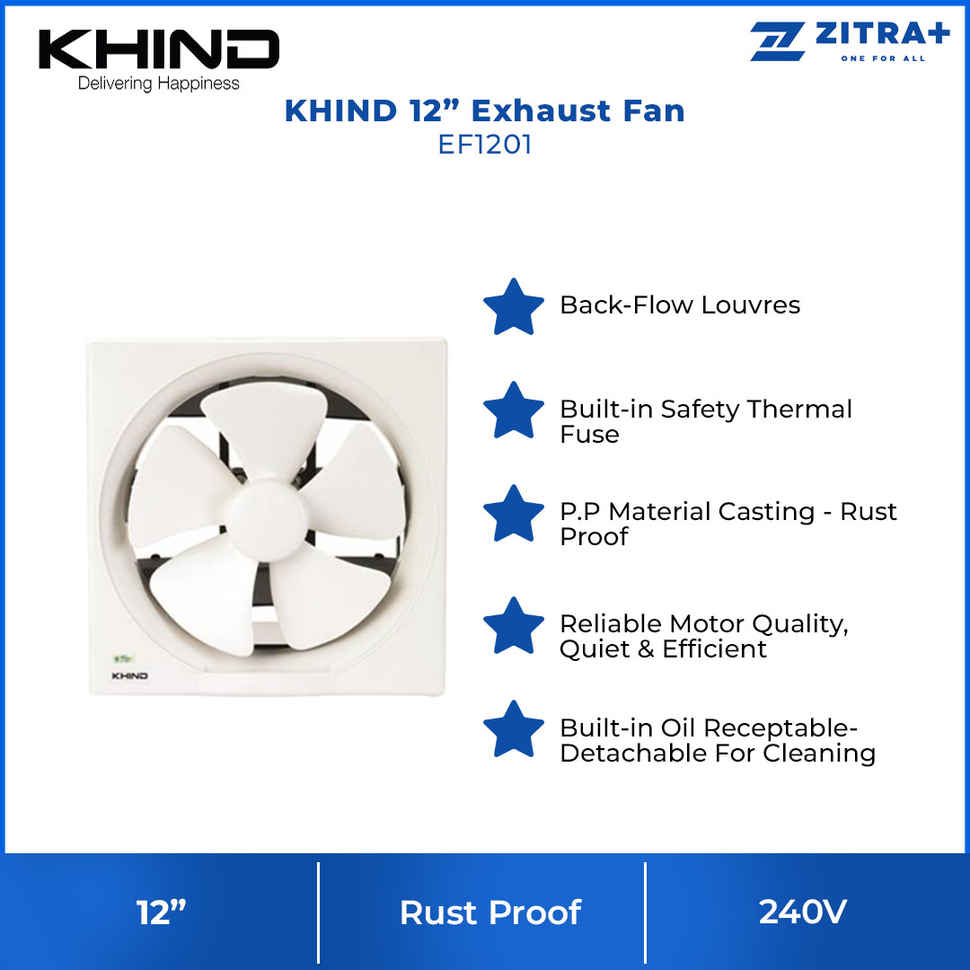 KHIND 12" Exhaust Fan EF1201 | Built-in Safety Thermal Fuse | Back-Flow Louvres | Built-in Oil Receptable-Detachable For Cleaning | Exhaust Fan with 1 Year General Warranty & 3 Years Motor Warranty