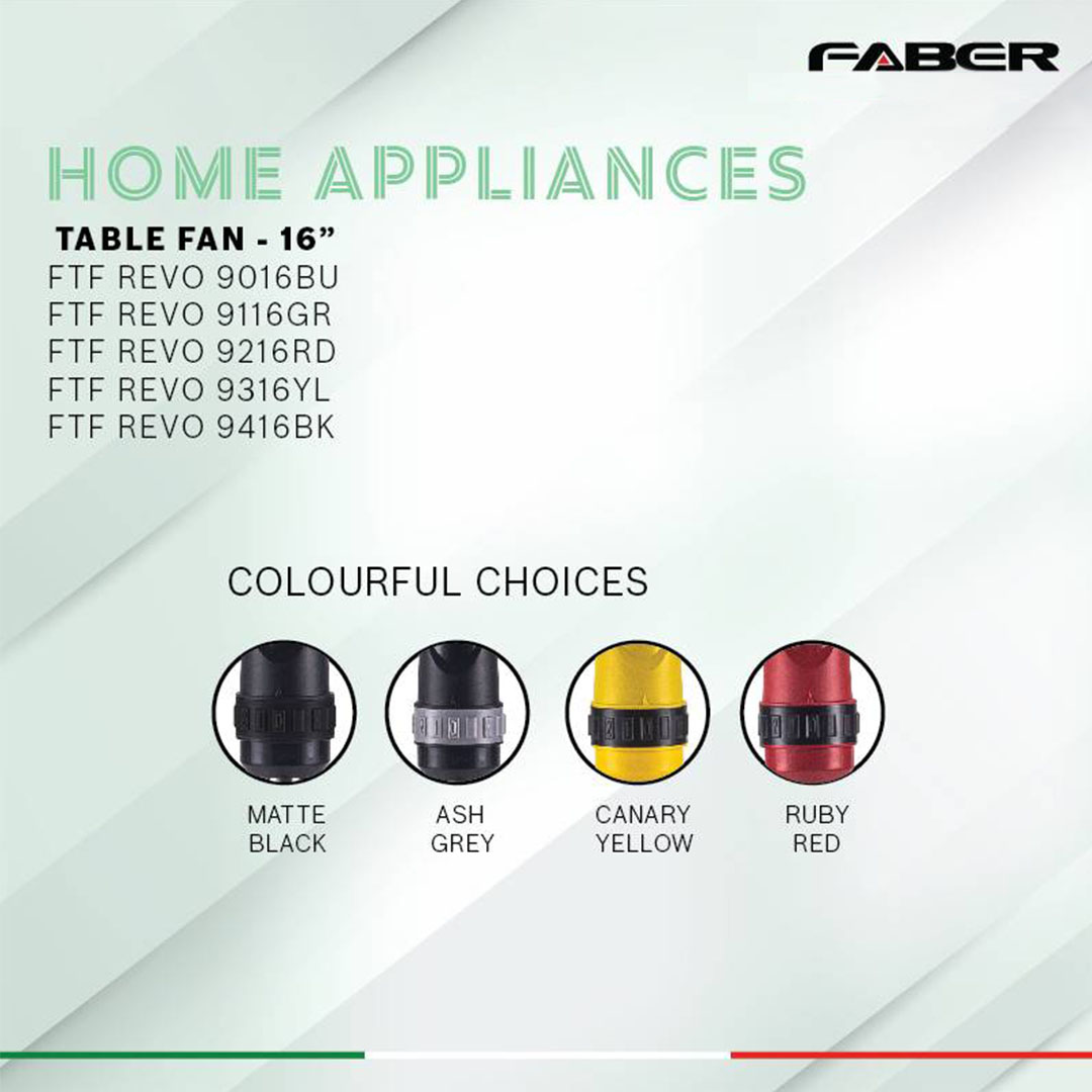 FABER 16" Table Fan FTF REVO 9116GR / FTF REVO 9216RD | 3 Speed | 100% Copper Motor | 5 Star Energy Rating | 51.5dB Noise Level | Table Fan with 1 Year General Warranty & 2 Years Motor Warranty
