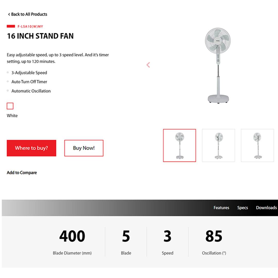 TOSHIBA 16" Stand Fan F-LSA10(W)MY | 3 Speed Adjustable | Auto turn off Timer | Automatic Oscillation | Stand Fan with 1 Year Warranty