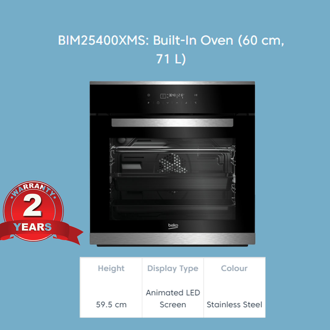 Beko 71L Built-In Oven BIM25400XMS | 13 Programs Selection | Easy-to-Clean Oven Glass | Catalytic Walls | Halogen Illumination | SoftDoor | Steam-Cleaning | Telescopic Shelves | Oven with 2 Years General Warranty & 12 Years Motor Warranty
