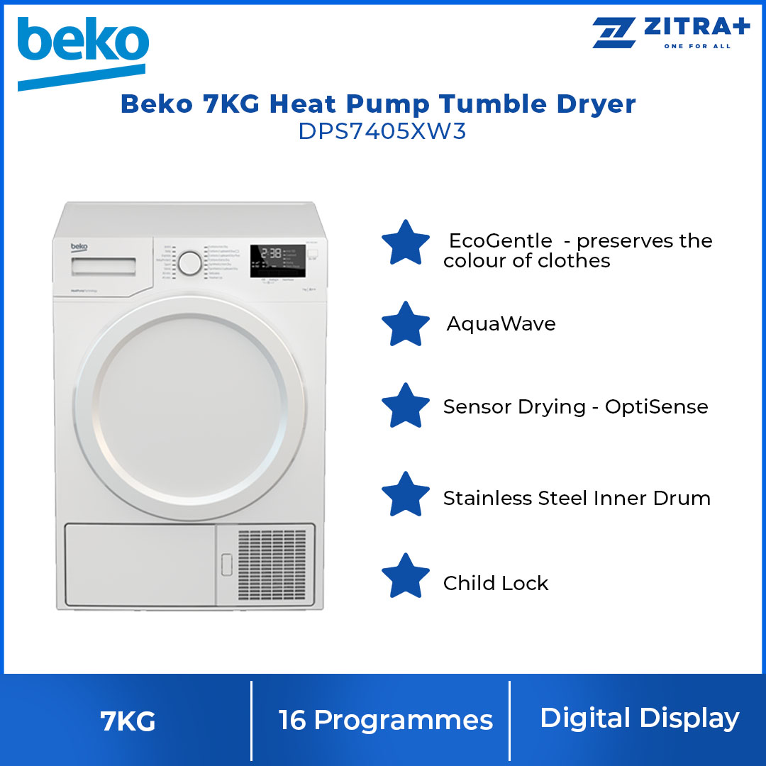 Beko 7KG Heat Pump Tumble Dryer DPS7405XW3 | A++ Energy Efficiency Class | AquaWave Technology | HeatPump Technology | EcoGentle | Tumble Dryer with 2 Years General Warranty & 12 Years Motor Warranty
