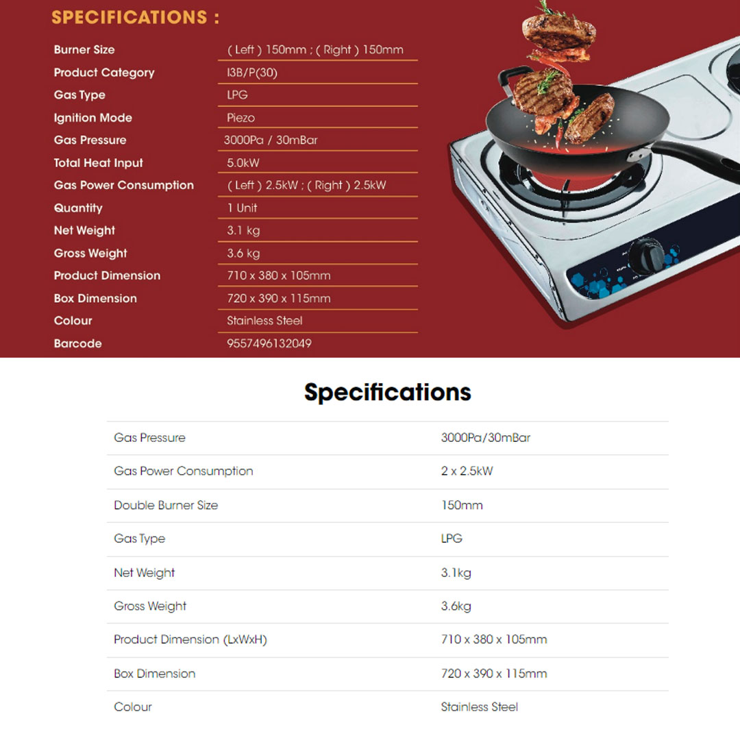 KHIND 2 Burners Infrared Gas Stove Stainless Steel IGS1516 | 150mm + 150mm Infrared Burner | With Enamel Trivet Stand | Automatic Piezo Ignition | Gas Stove with 1 Year General Warranty & 3 Years Burner Head Warranty