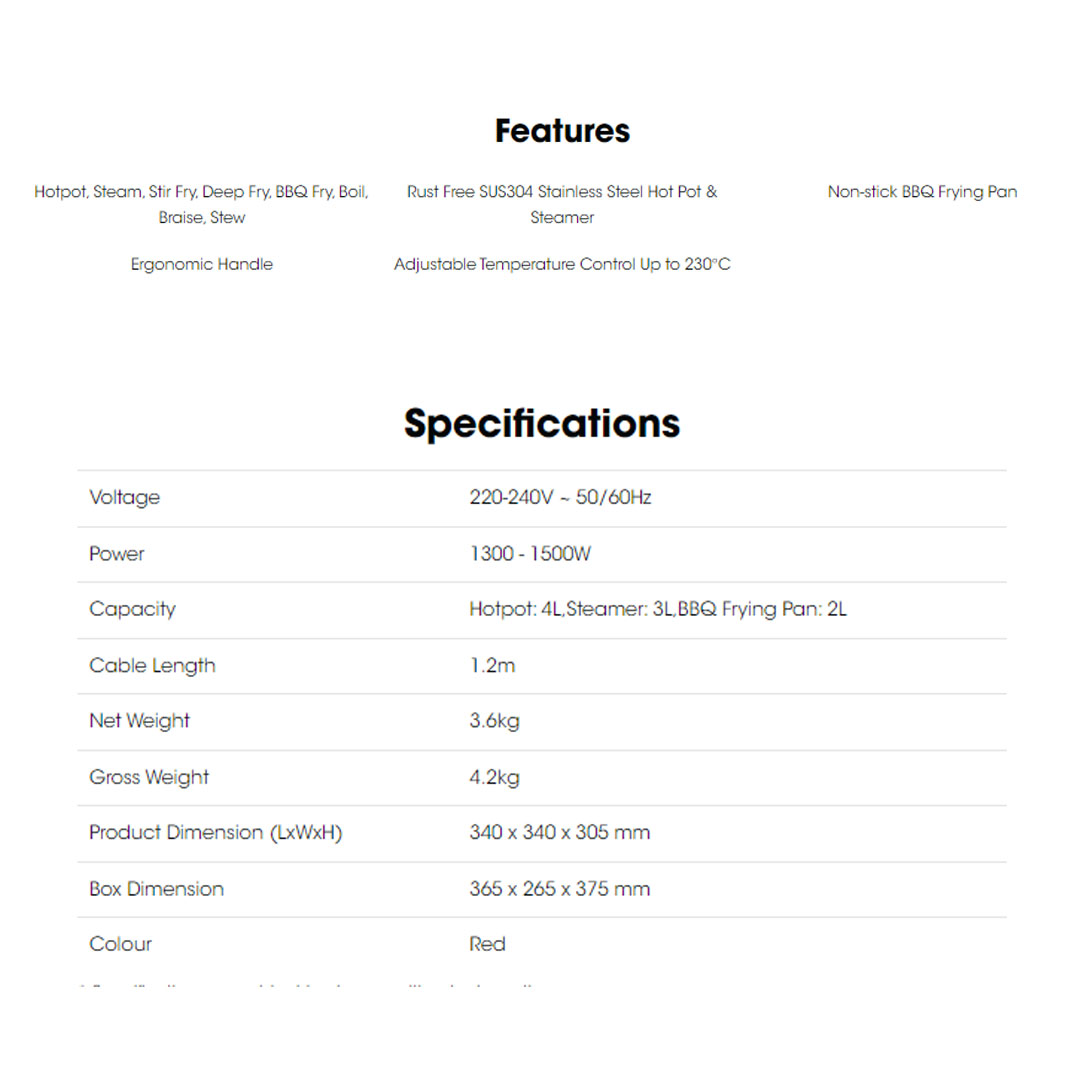 KHIND 1500W Multi Cooker MC388 | Rust Free SUS304 Stainless Steel Hot Pot & Steamer | Non-stick BBQ Frying Pan | Adjustable Temperature | Multi Cooker with 1 Year Warranty