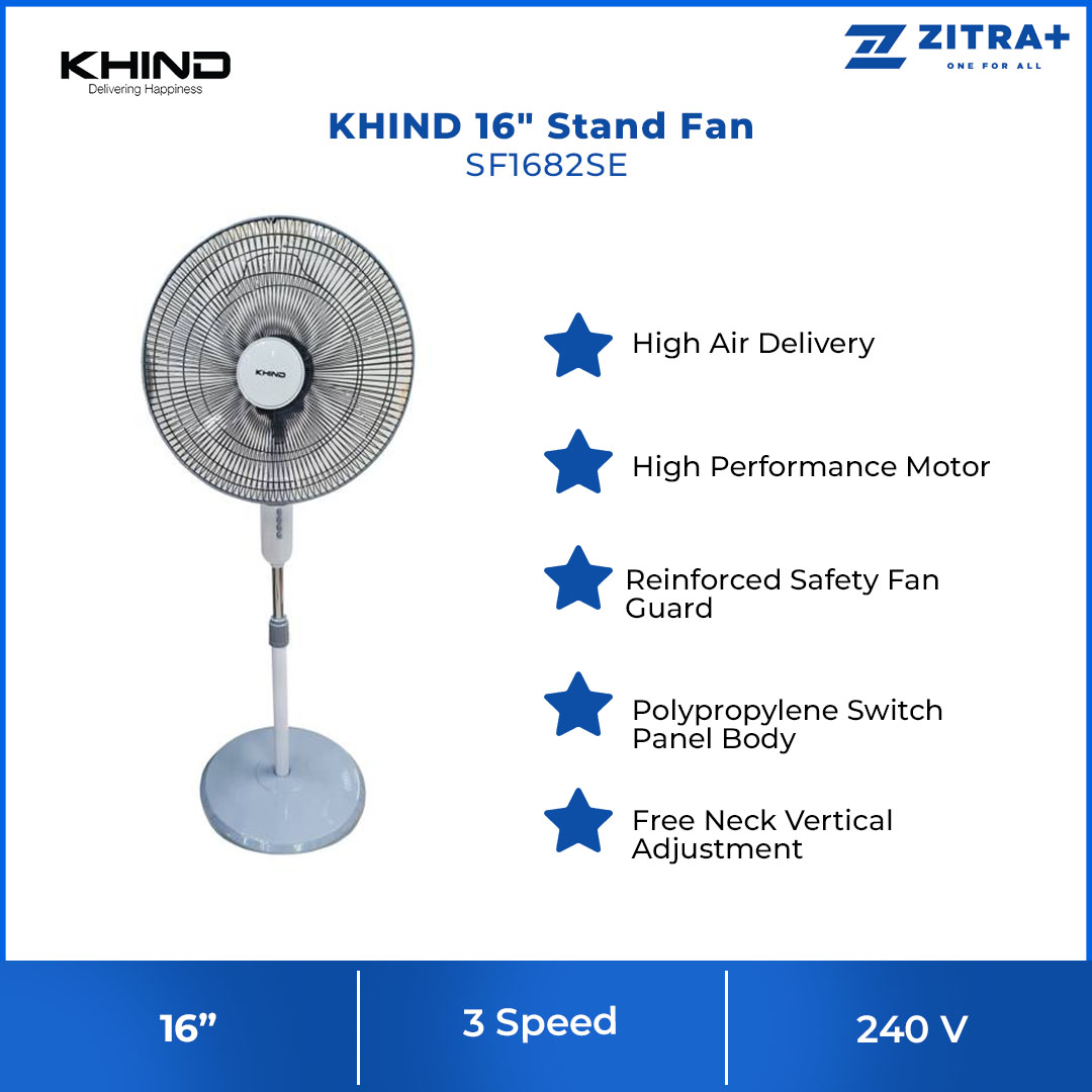 KHIND 16" Stand Fan SF1682SE | Built-in Safety Thermal Fuse | 3 Speed Push Button | High Performance Motor | Stand Fan with 1 Year General Warranty & 3 Years Motor Warranty