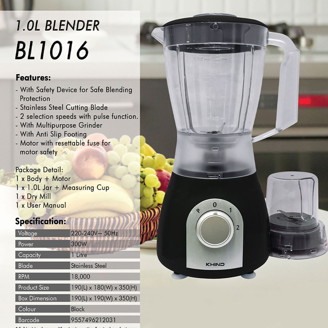 KHIND 1L Blender BL1016 | With Safety Device for Safe Blending Protection | Stainless Steel Cutting Blade | With Multipurpose Grinder | 2 Selection Speeds with Pulse Function | Blender with 2 Years Warranty