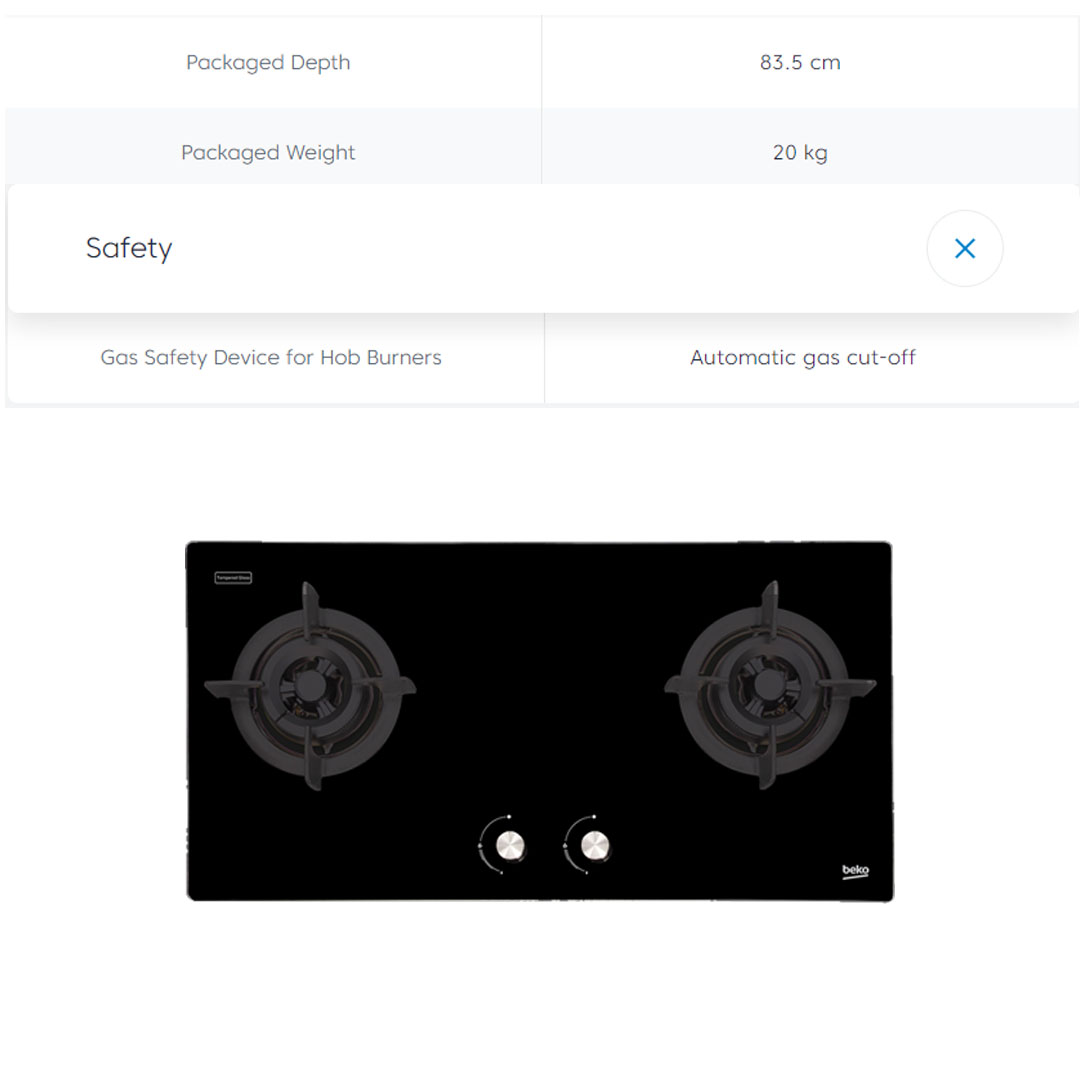 Beko 2 Burners Built-In Hob HISW72225SOB | Automatic Gas Cut-Off | Cast-iron Pan Support | LPG Gas Type | Integrated Ignition | Built-In Hob with 2 Years Warranty