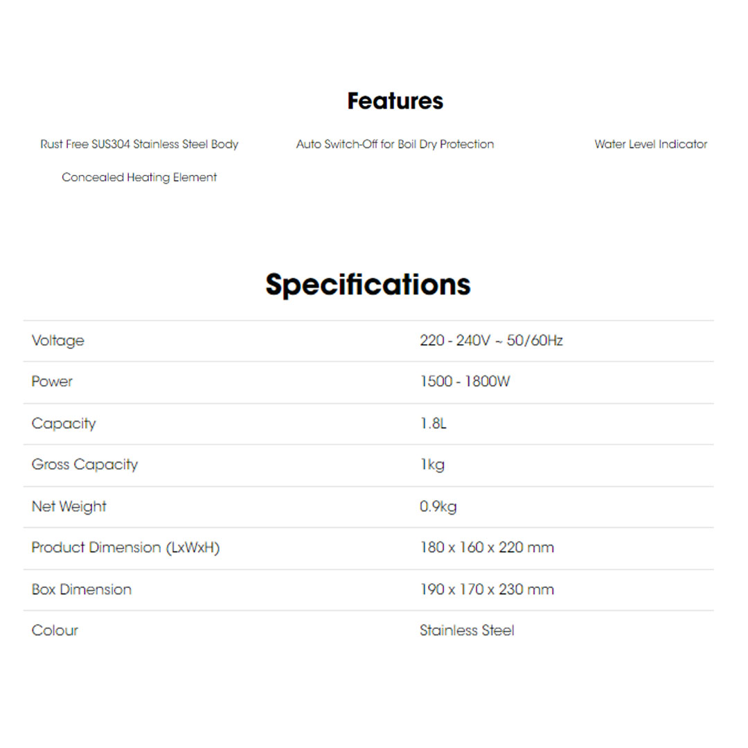 KHIND 1.8L Electric Jug Kettle EK18SS | Rust Free SUS304 Stainless Steel Body | Auto Switch-Off for Boil Dry Protection | Concealed Heating Element | Kettle with 1 Year Warranty