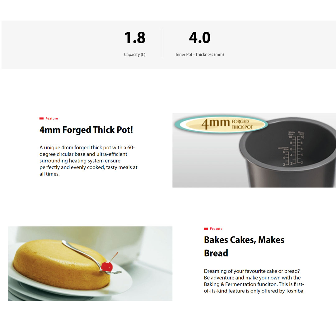 TOSHIBA 1.8L Digital Rice Cooker RC-18NMFIM | 4mm Forged Thick Pot | Timer Function | Rice Cooker with 1 Year Warranty